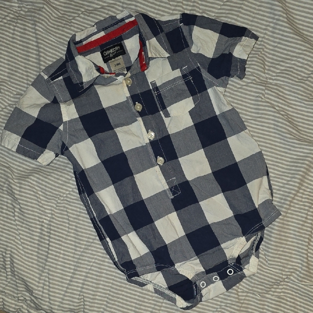 💥4/$25 OshKosh B'gosh Dark Navy Blue & White Checkered Collard Onsie,Size: 24M